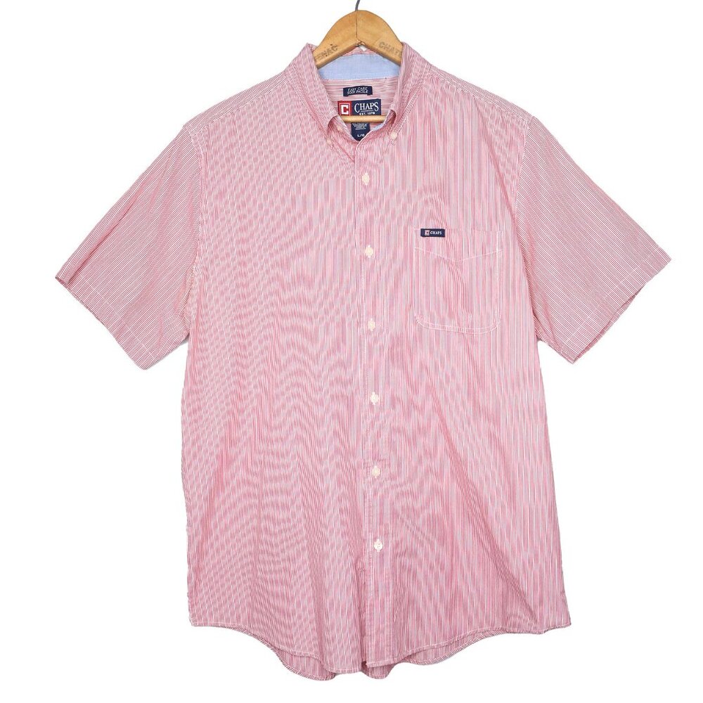 Chaps Ralph Lauren Men’s Short Sleeve Easy Care Striped Dress Shirt Red & White